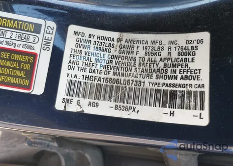 2006 Honda Civic Ex from USA, damaged, VIN 1HGFA16806L067331